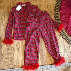 Ivy City Co Red Plaid Pajama Set with Feather Trim
